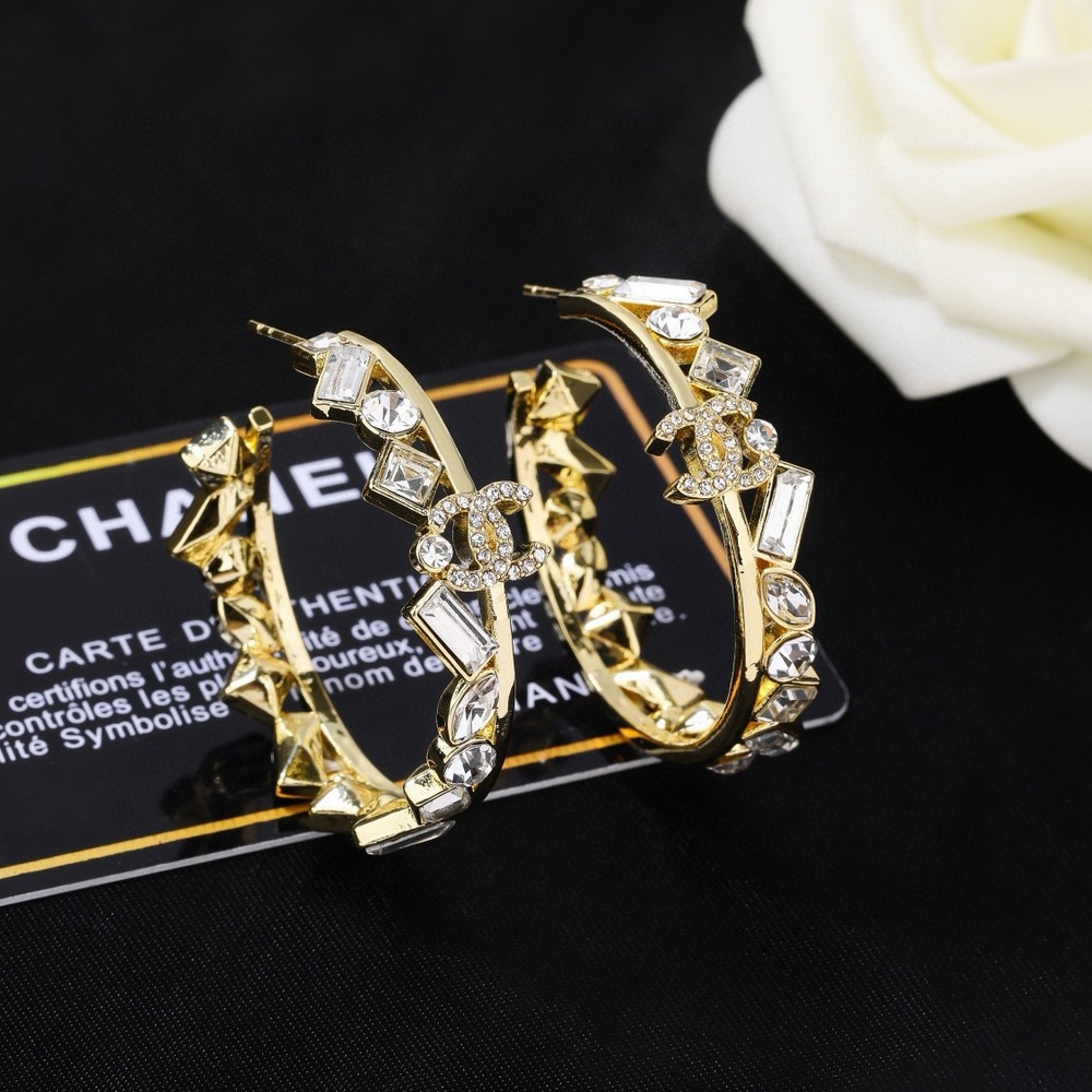 CHANEL Gold-Tone Crystal & Stud CC Hoop Earrings